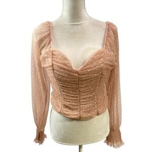 Dusty‎ Pink Polka Dot Mesh XL Long Sleeve Top Ruched Sweetheart Corset Blouse